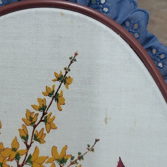 Vintage Bird Floral Pictures on Fabric Hoop Frame Set of 2 Goldfinches Red Robin - Picture 10 of 13